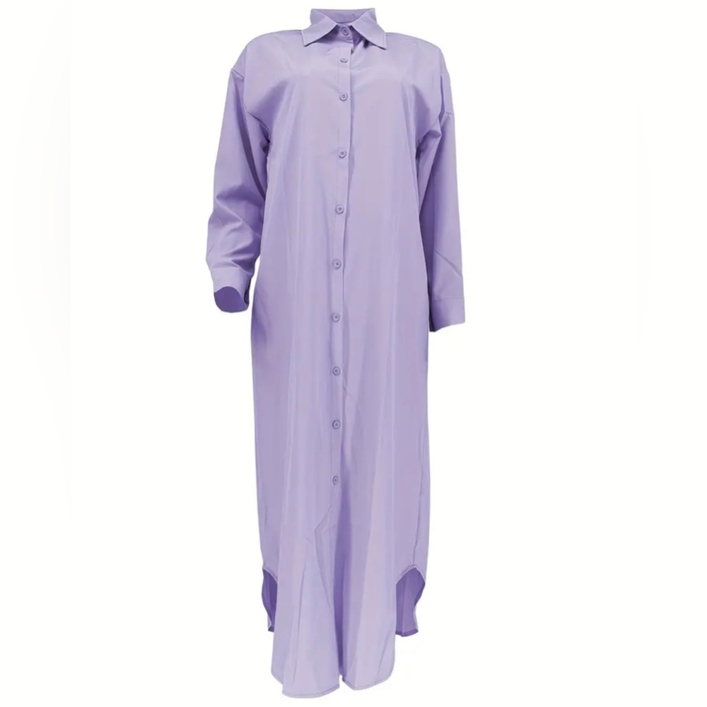 Purple Long Sleeve Collar Dress for Casual Street Grace Maxi Shirt Dress - Picture 3 of 4